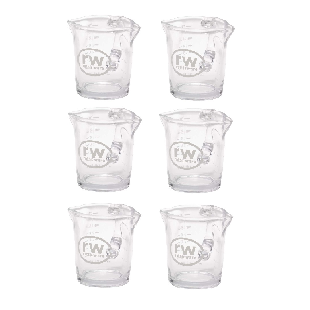 Rattleware 3oz Shot Pitcher with White Printing, Glass, Double Spout, Set of 6 - 27610