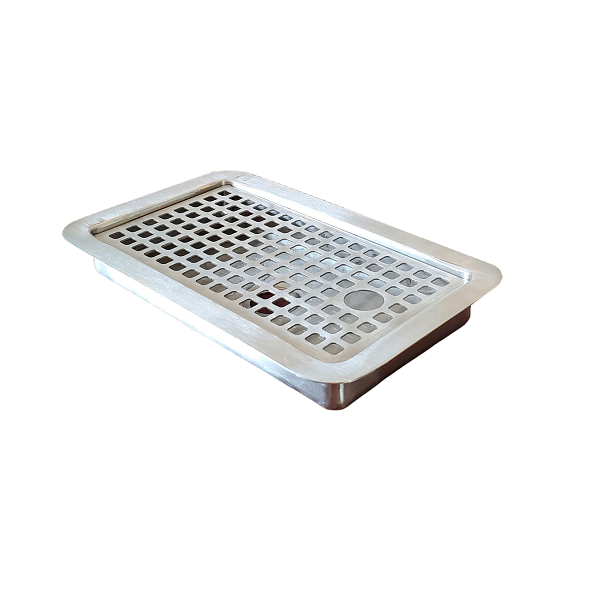 Drip Tray, Stainless Steel, 5.5″x9″x1″, Flush Mount, Removable Grate, with Drain Hole