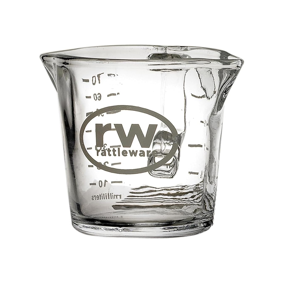 Rattleware Espresso Shot Glass Pitcher – Double Spouted Genuine Barista Measuring Cup with Graduations in Ml & Oz – High-Volume, Commercial-Grade for Swift Espresso Pouring & Precision (3 Oz, 6-Pc)