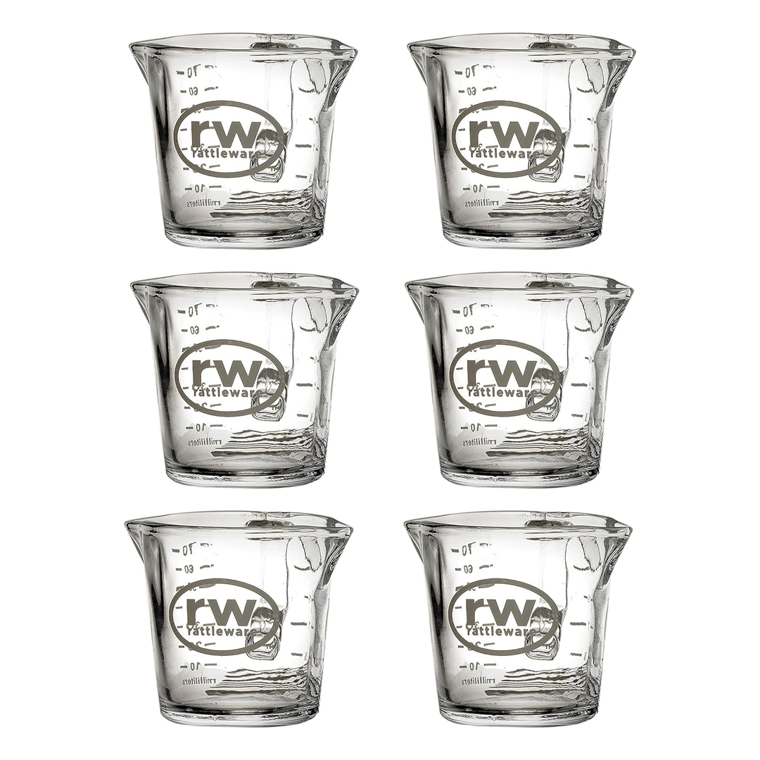 Rattleware Espresso Shot Glass Pitcher – Double Spouted Genuine Barista Measuring Cup with Graduations in Ml & Oz – High-Volume, Commercial-Grade for Swift Espresso Pouring & Precision (3 Oz, 6-Pc)