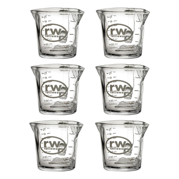 Rattleware Espresso Shot Glass Pitcher – Double Spouted Genuine Barista Measuring Cup with Graduations in Ml & Oz – High-Volume, Commercial-Grade for Swift Espresso Pouring & Precision (3 Oz, 6-Pc)