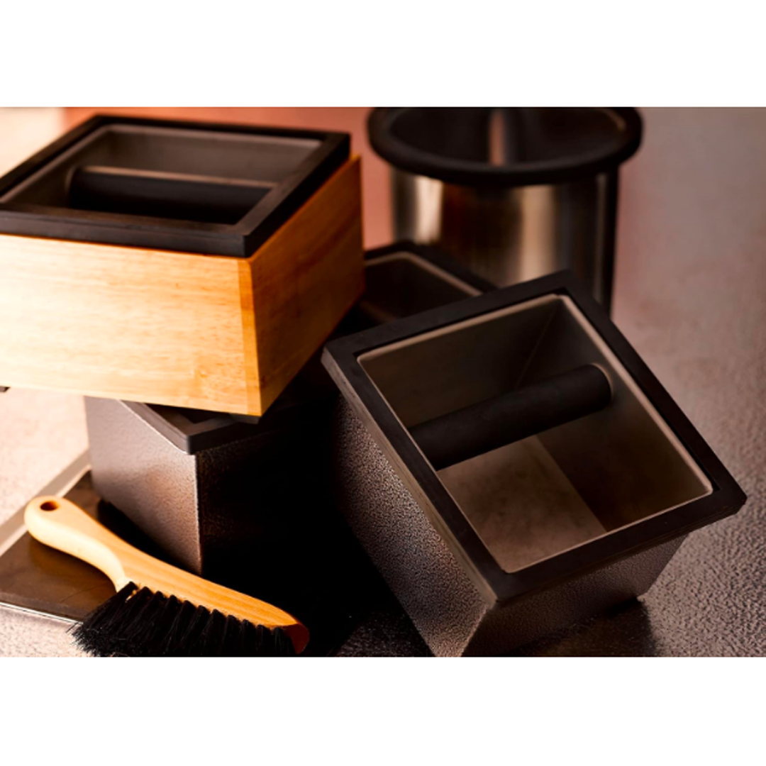 Knock Box, Stainless Steel, 6″x5.5″x4″, with Maple Holder and Splash G Knock Box, Stainless Steel, 6″x5.5″x4″, with Maple Holder and Splash G